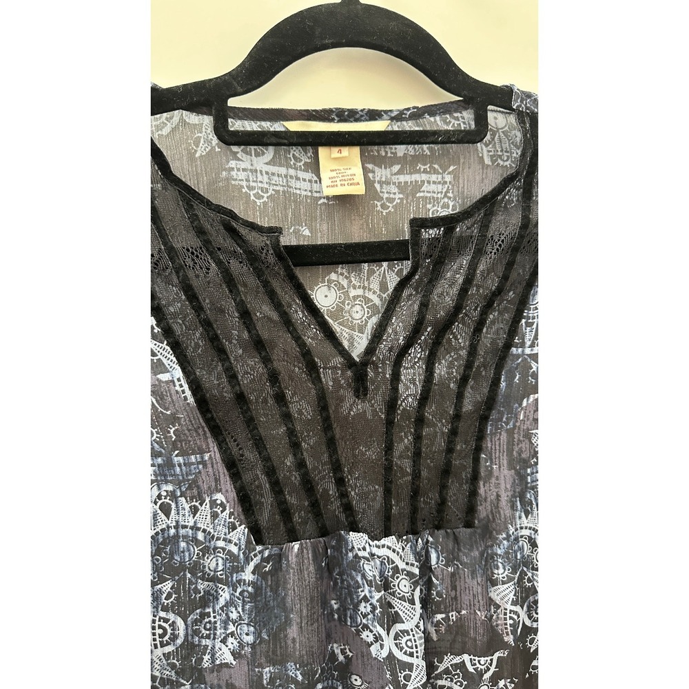 Sundance Silk Semi Sheer Blouse Velvet Trim Boho Print Top Blue Womens Size 4 - Picture 5 of 8